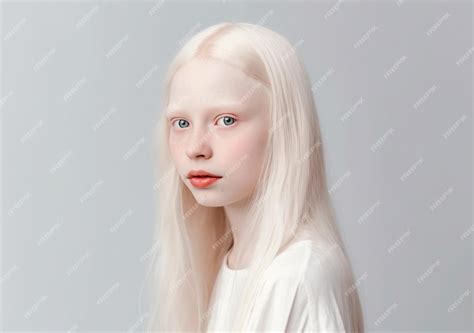 Premium Photo | Portrait of an albino girl with long hair on a grey ...