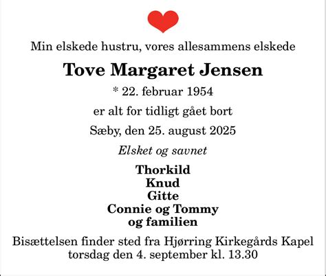 Dødsannonce For Tove Margaret Jensen Nordjyskedk