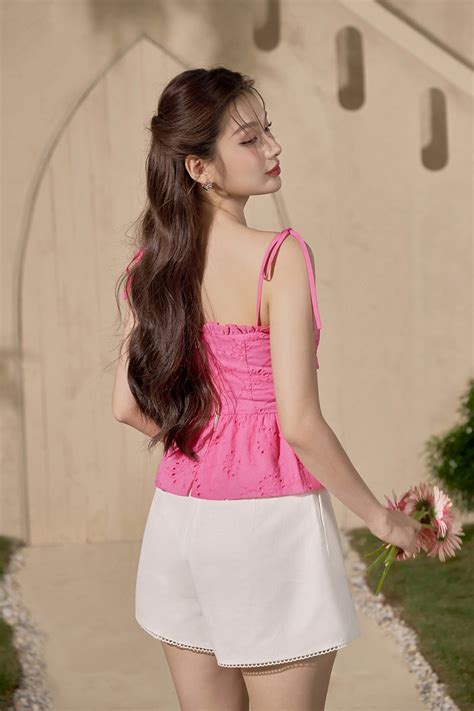 Cassia Ribbon Frill Broderie Anglaise Peplum Top In Hot Pink Chello