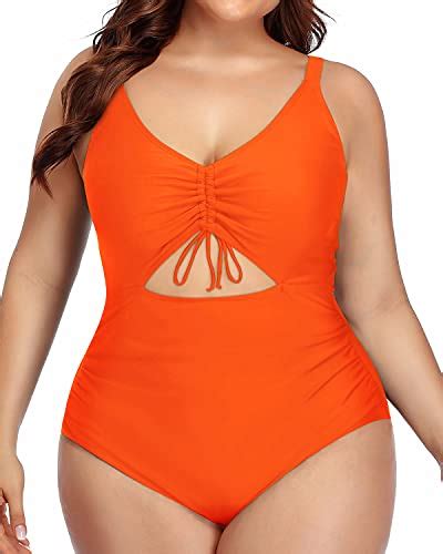 Fashionable Drawstring Cutout Plus Size Monokini Swimsuits Neon Orange