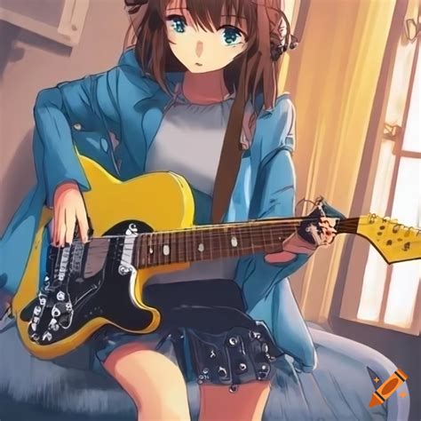 Anime Girl With Brown Hair Playing Electric Guitar On Craiyon