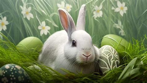 Cute Photorealistic White Bunny Sitting In Green Grass With Easter Eggs