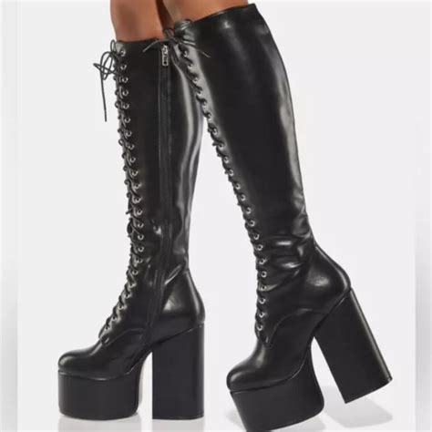 black knee high platform boots  lace  front depop