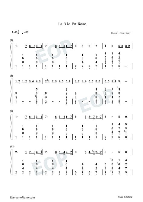 La Vie En Rose 简单版 玫瑰人生双手简谱预览 EOP在线乐谱架