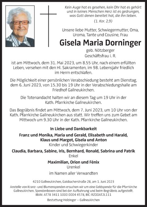 Traueranzeigen Von Gisela Maria Dorninger Wirtrauern At