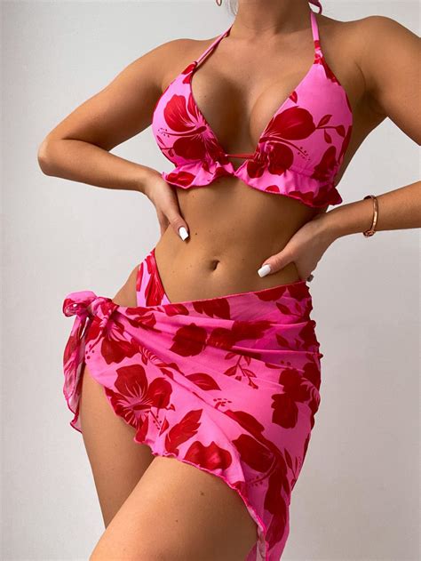 3pack Floral Print Halter Bikini Swimsuit Beach Skirt