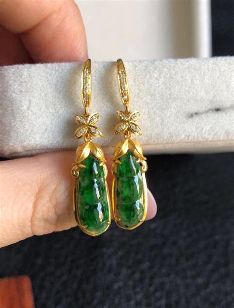 High Grade Natural Jadeite Earrings 18K Gold Icy Pure Green Bean