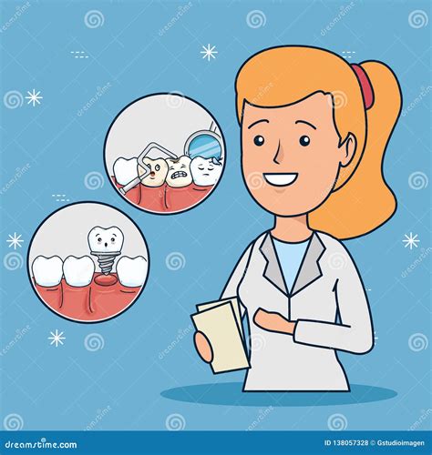 Dentist Woman and Teeth Diagnosis with Mouth Mirror Stock Vector