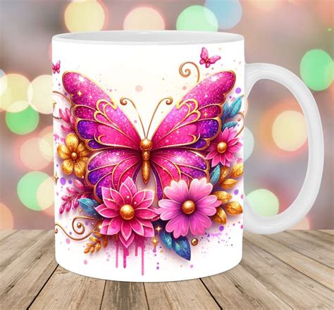 3d Pink Gold Butterfly Mug Wrap 11oz And 15oz Mug Template Mug