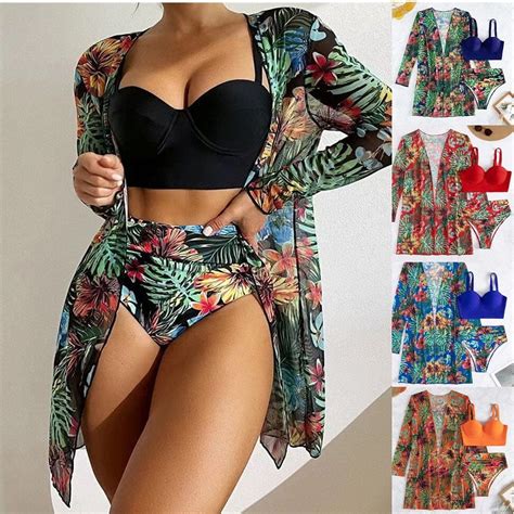 Jacenvly Cover Up 3 Piece Bikini Sets For Women Cozy Long Sleeve