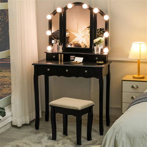 Tiptiper Make Up Vanity Set With Lighted Tri Folding Mirror Vanity