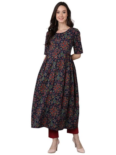 Buy Vaamsi Women S Cotton Ethnic Motifs A Line Kurti VCK8891 Navy Blue