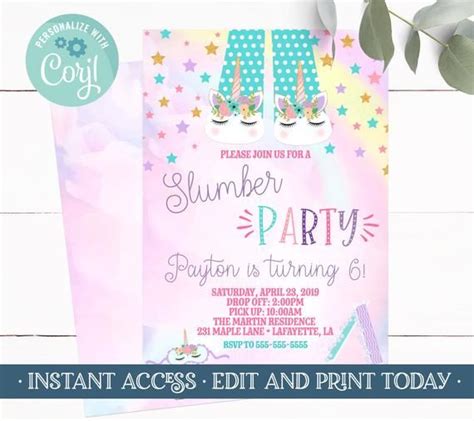 Unicorn Slumber Party Invitation Unicorn Sleepover Party Etsy