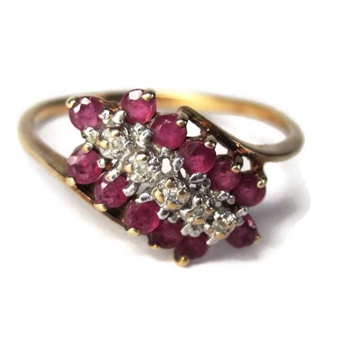 Vintage 10K Yellow Gold Ruby Diamond Cluster Ring Size 8 Cluster Ring