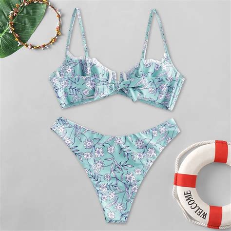 Bikini con estampado de flores para mujer traje de baño con escote en V Bikini Sexy de 2