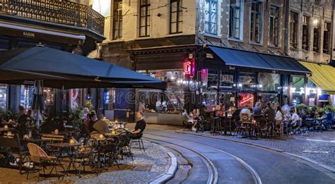 Restaurants in the Old Town of Antwerp, Belgium, by Night Editorial ...