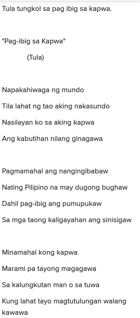 Tula Ng Pagibig Sa Kapwa Na May Apat Na Saknong At Apat Na Taludtod Brainly Ph