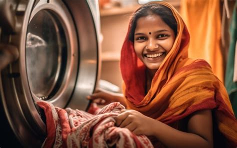 Premium Ai Image Indian Woman With Washing Machine