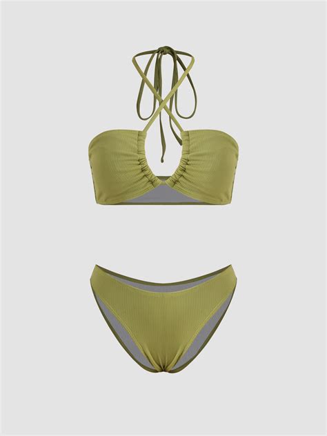 Halter Ruched Bikini Swimsuit For Vacation Beach