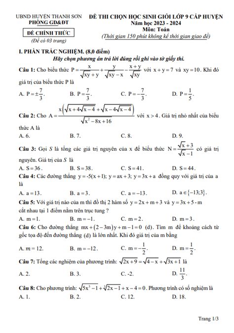 Đề thi HSG Toán 9 cấp huyện năm 2023 2024 phòng GD ĐT Thanh Sơn Phú