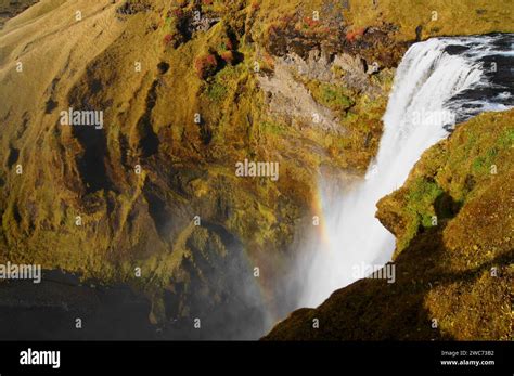 Rainbow Over Skogafoss Waterfall 60m Drop And 25m Wide Southern