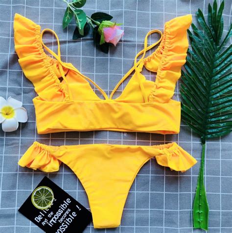 Pop Sexy Split Lotus Leaf Edge Pure Color Women S Bikini On Luulla