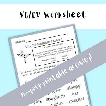 Vc Cv Practice Printable Freebie By Teaching With Kala Tpt