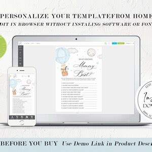 18 Blue Hot Air Balloon Baby Shower GAMES Package Editable Baby Boy Games Printable Balloon