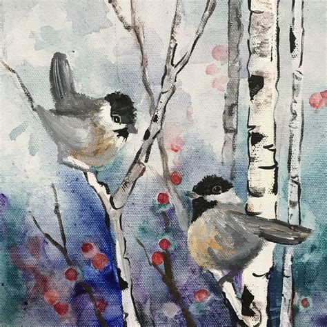 Chickadees In Winter Birch Trees Among Red Berries Original Acrylic