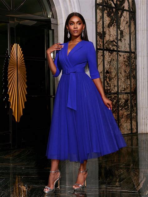 Elegant Surplice Neck Belted Cocktail Dress Midi Dress | Formal evening