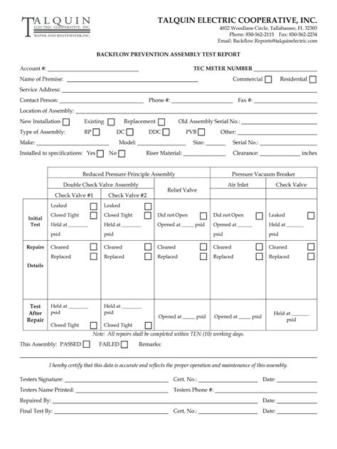 Fillable Online Blank Backflow Test Report And List Of Testers Talquin Fax Email Print