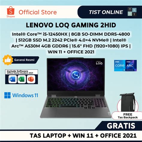 Jual LENOVO LOQ GAMING 15IAX9I 2HID GREY CORE I5 12450HX ARC A530M 8GB