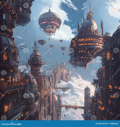 Floating Futuristic City with Airships and Domes Stock Photo - Image of blue, fantasy: 355395316