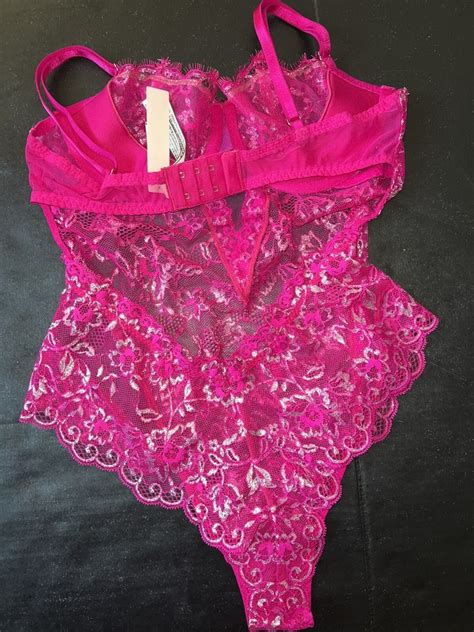 Victoria S Secret S M L Teddy Bodysuit One Piece Hot Pink Silver Lace