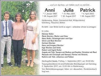 Traueranzeigen von Anni Julia und Patrick Seiler Allgäuer Zeitung