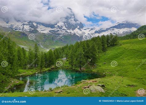 summer alpine landscape   blue lake lago blu  breuil cervinia