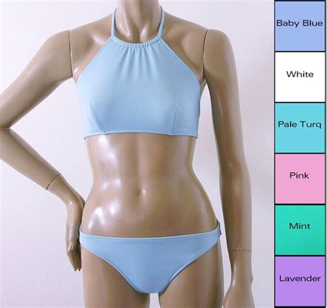 High Neck Halter Bikini Top And Full Coverage Bikini Bottom In Etsy