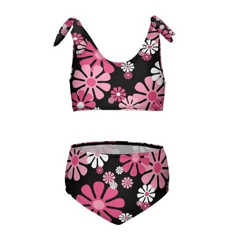 1960 S Retro Flowers In Pink And White Mod Abstract Girl S 2 Piece Bikini Set Beach Sport
