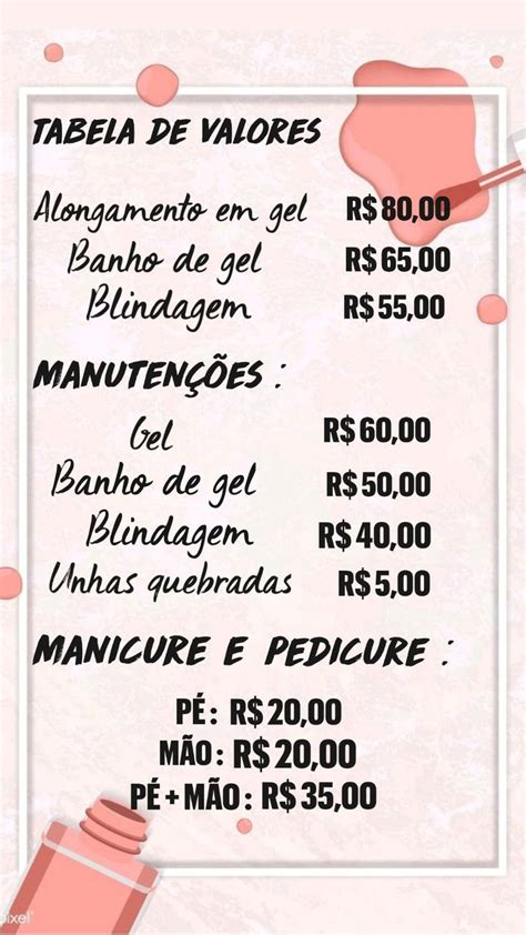 Tabela De Valores Alongamento Em Gel R 80 00 Banho De Gel R 65 00