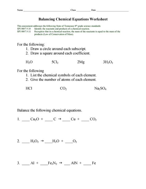 Balancing Equation Chemistry Worksheet - Preschool Printable Sheet