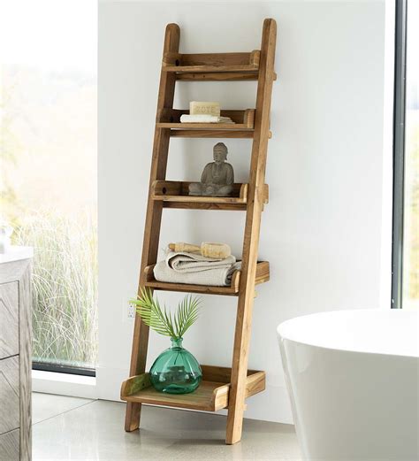 5 Tiered Open Wall Mount Teak Wood Ladder Bookshelf Vivaterra