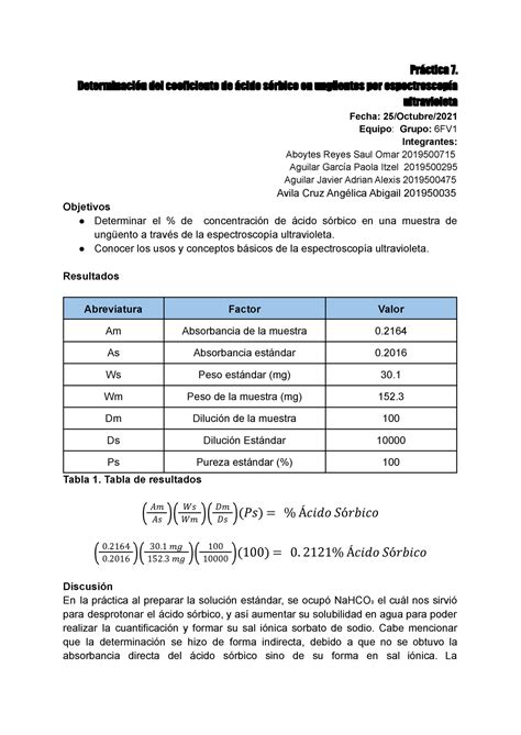 Pr Ctica Determinaci N Del Coeficiente De Cido S Rbico Fv