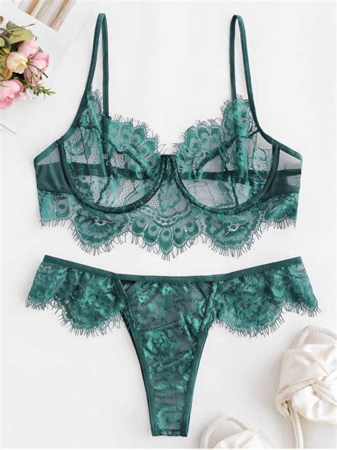 Off Lace Eyelash Underwire Scalloped Lingerie Set In Medium Sea Green Zaful South
