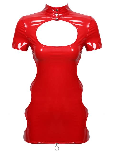 Buy Women Wet Look PVC Leather Lingerie Mini Dress Open Cup Teddy Babydoll Underwear Online At