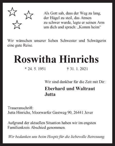 Traueranzeigen Von Roswitha Hinrichs Nordwest Trauer De