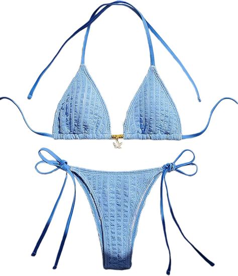 Amazon Gorglitter Women S High Cut Thong Bikini Set Textured Halter Triangle String Cute