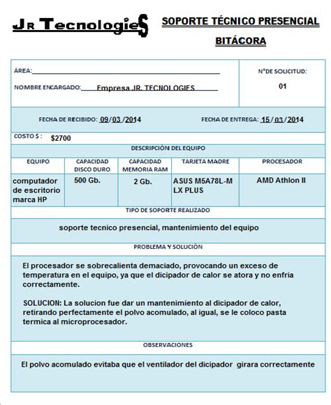 Soporte Técnico A Distancia Formatos De Bitácora De Servicio