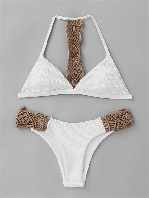 2022 Sexy Bikini Set Cute Simple White Plain Ring Linked Spaghetti Strap Triangle Thong Biquini
