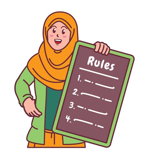 Cartoon illustration of a Muslim woman in a hijab explaining a list of