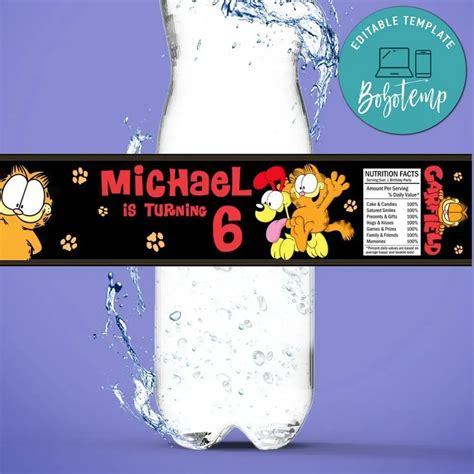 Garfield Birthday Water Bottle Label Template Createpartylabels